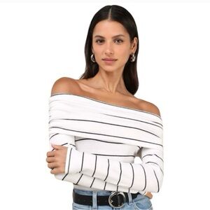 Lulu's White w/ Black Stripes Off-the-Shoulder long sleeve top. Never worn.
